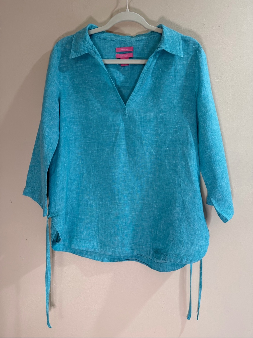 Isaac Mizrahi New York 100% Linen Turquoise Blue V-Neck Blouse Side Ties Size M